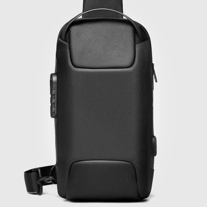 Sleek black crossbody sling bag with durable fabric and ergonomic design on a plain background