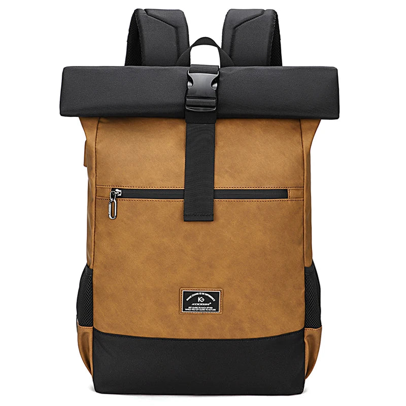 Modern brown and black roll-top backpack with front zipper pocket and padded straps