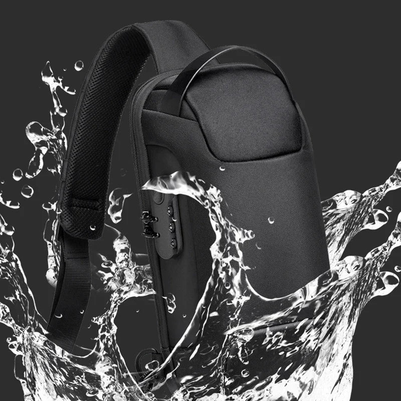 Waterproof black tactical sling bag with durable strap, splash-resistant for urban travel