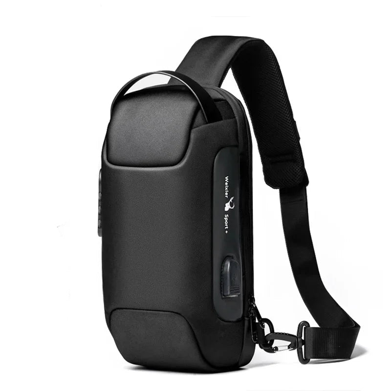 Black tactical crossbody sling bag with padded strap and secure zipper, modern minimalist design