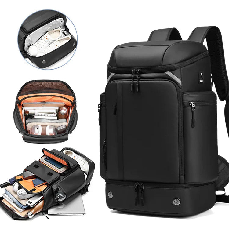 Black urban backpack with multiple compartments, organized for tech gear, shoes, and daily essentials