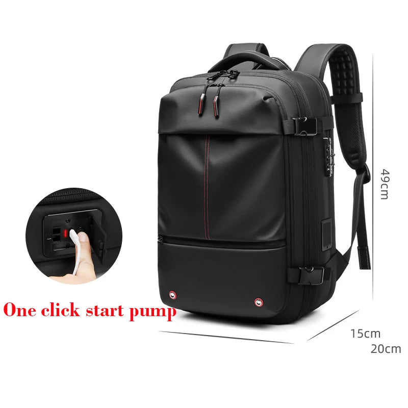 Black urban backpack with USB charging port, red accent, and one-click start pump feature