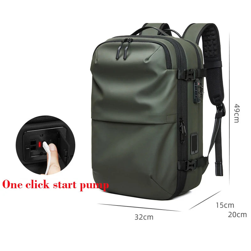 Olive green waterproof backpack with USB port and dimensions, featuring a one-click start pump.