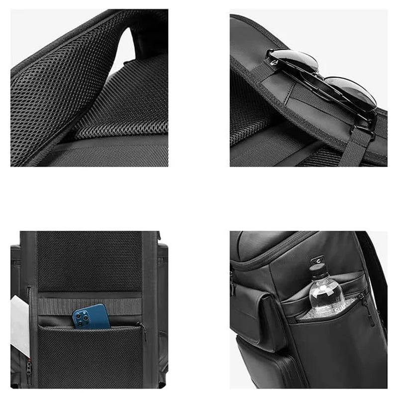 Black urban backpack with padded straps, pockets for sunglasses, phone, and water bottle
