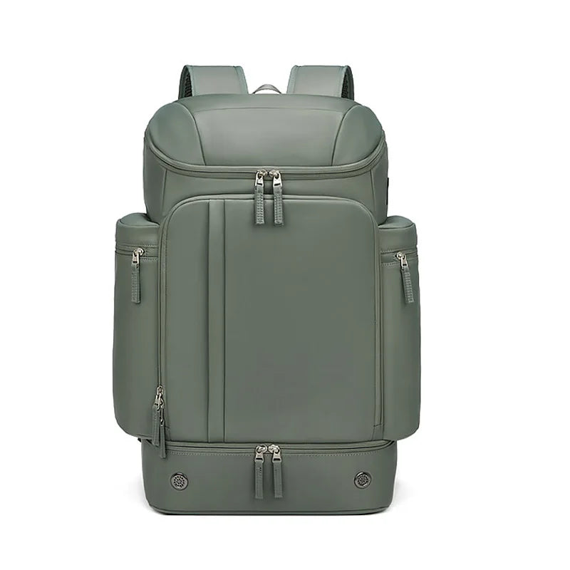 Sleek gray tactical backpack with multiple zippered compartments and padded straps