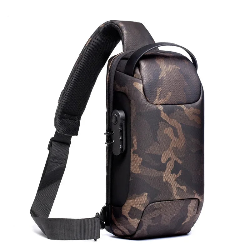 Camouflage sling backpack with padded strap and combination lock, side view