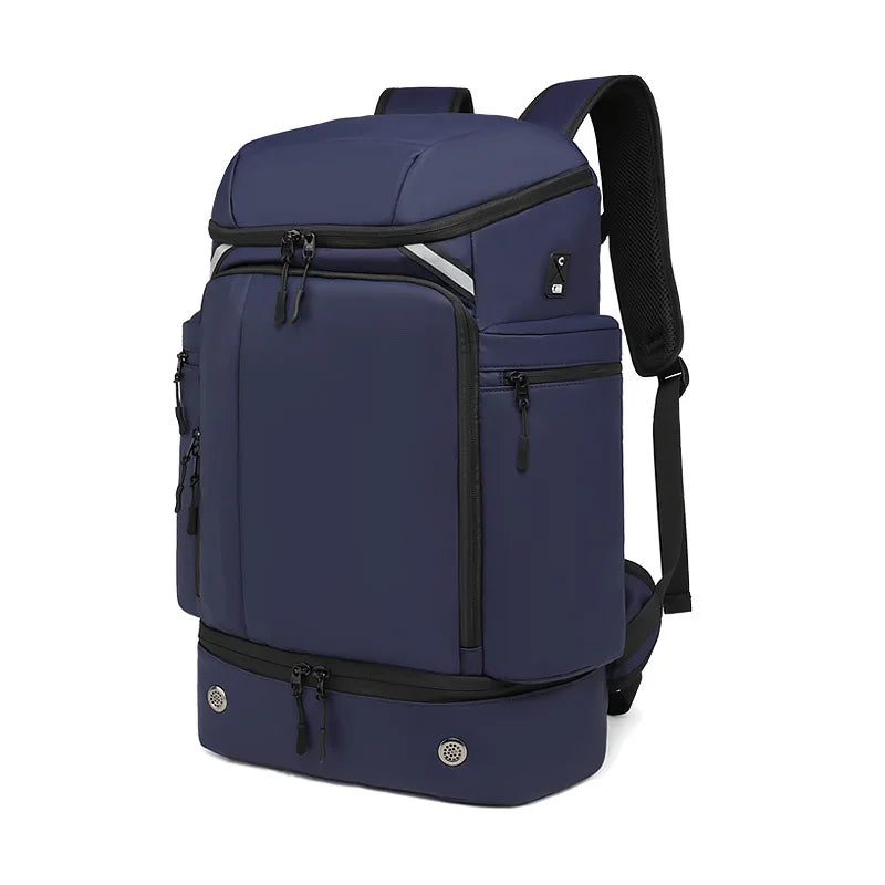 Navy blue tactical backpack with multiple zippered compartments and padded straps