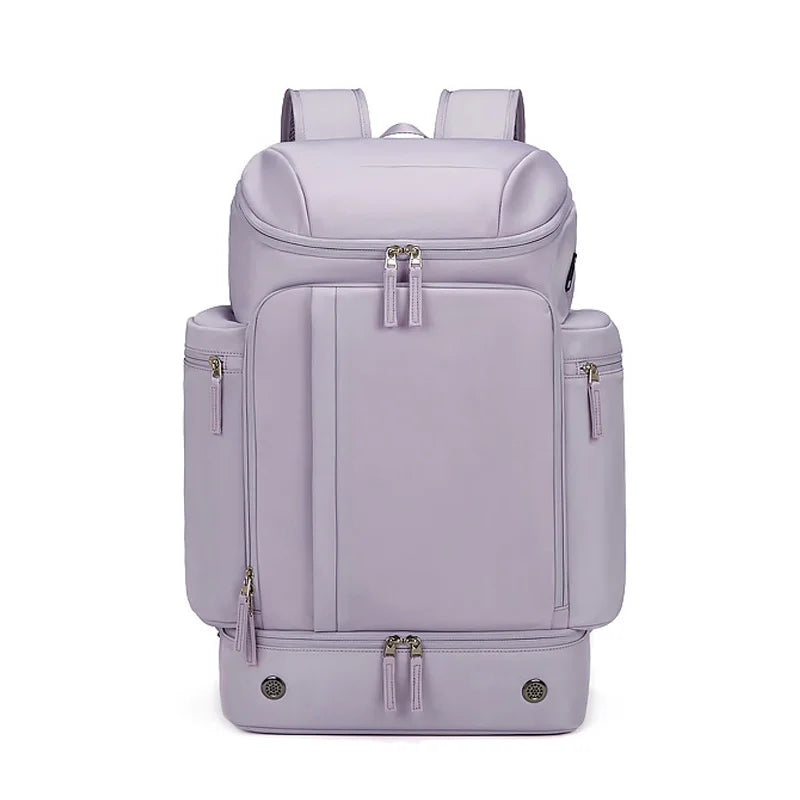 Light purple urban backpack with multiple zippered compartments and padded straps, front view