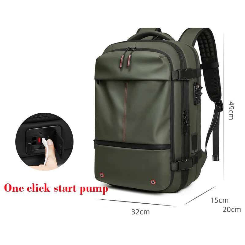 Olive green tactical backpack with USB charging port, one-click pump, and size dimensions listed.
