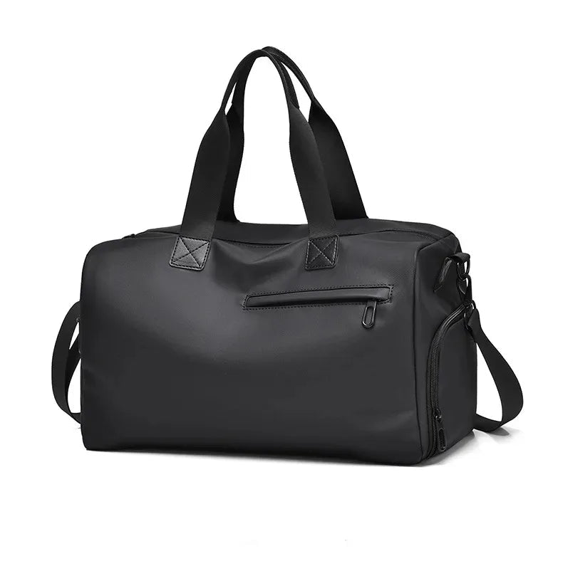 Sleek black duffel bag with top handles, shoulder strap, and front zip pocket