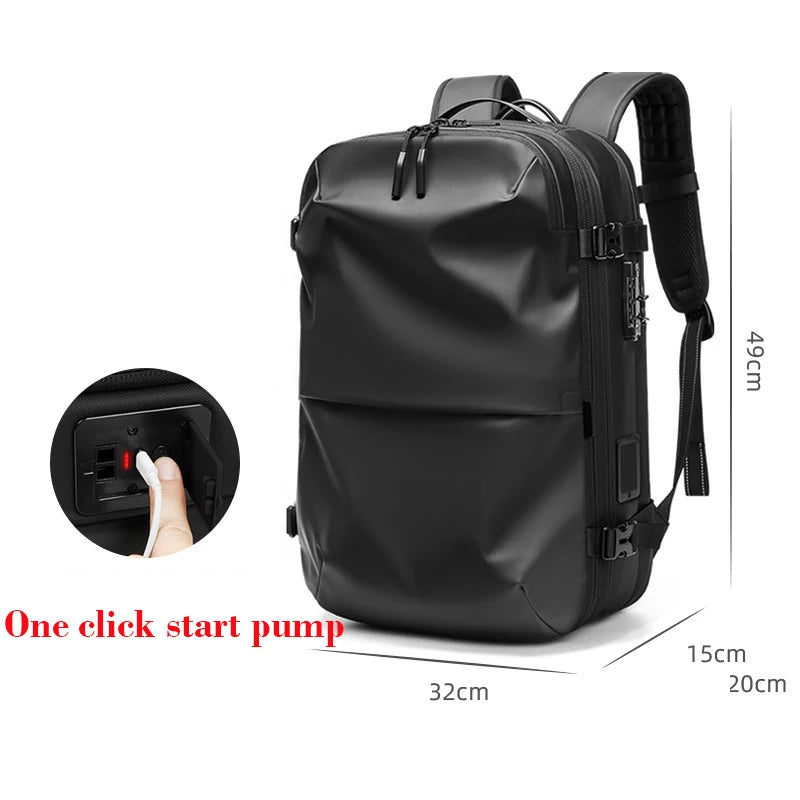Sleek black waterproof backpack with USB charging port, ergonomic straps, and size dimensions.