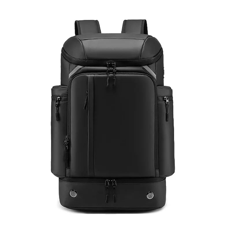 Sleek black tactical backpack with multiple zipper pockets and durable construction