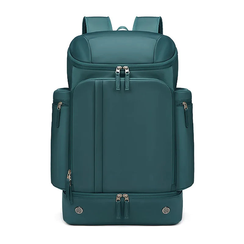 Sleek teal backpack with multiple zippered compartments and padded shoulder straps, front view