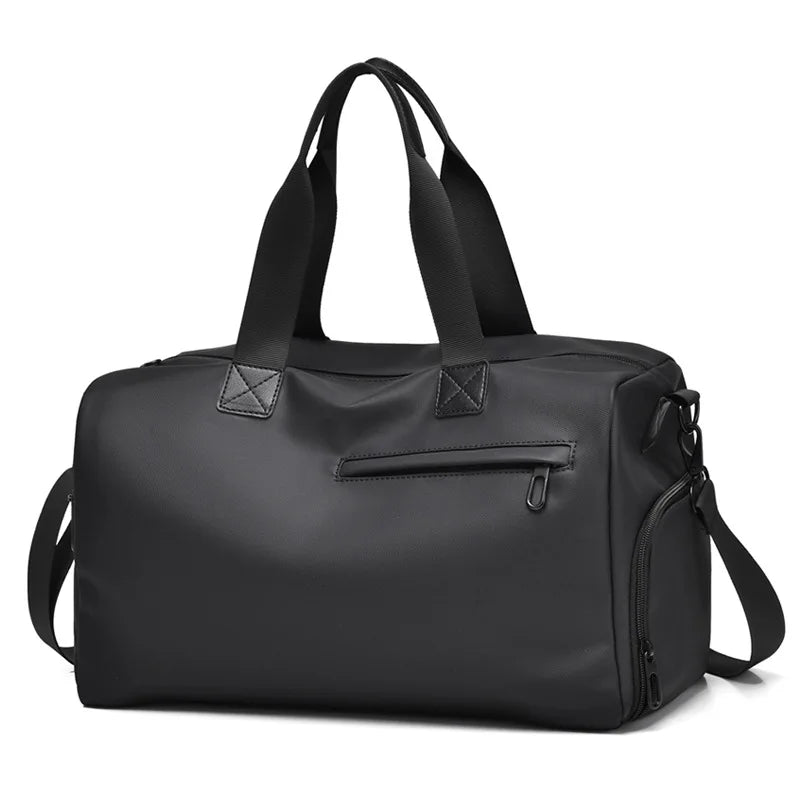 Sleek black duffel bag with top handles, side pocket, and zippered front pocket