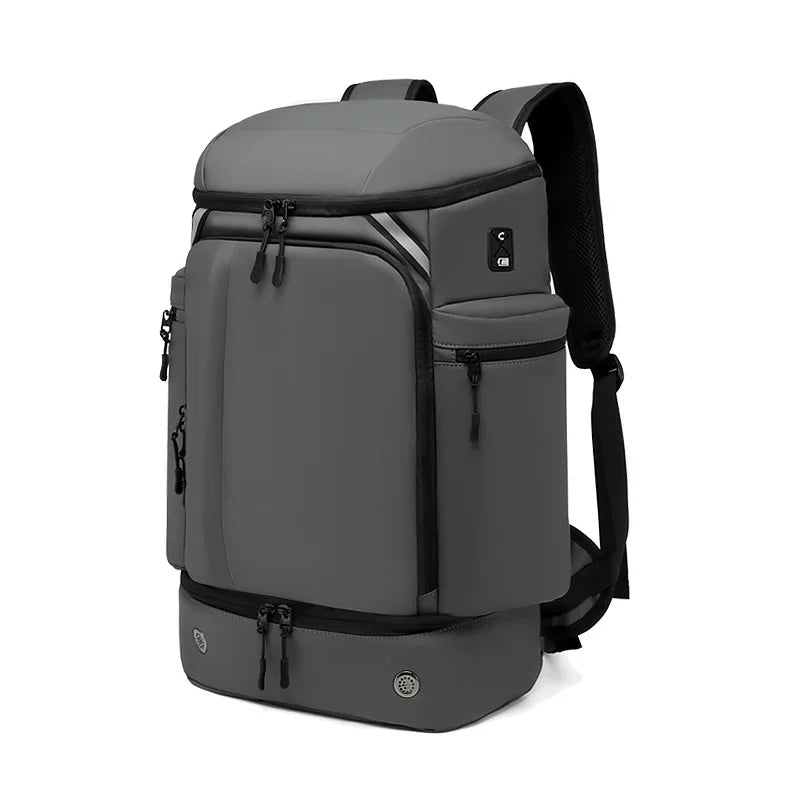 Sleek gray tactical backpack with multiple zippered compartments and padded shoulder straps