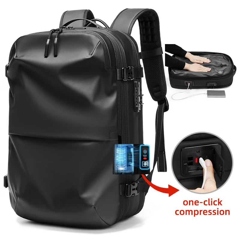 Black waterproof backpack with one-click compression and USB charging port features.
